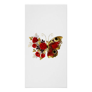 Red flower butterfly with red roses poster