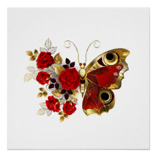 Red flower butterfly with red roses poster