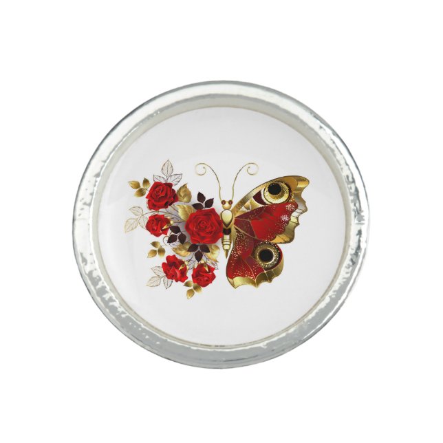 Red flower butterfly with red roses ring (Front)