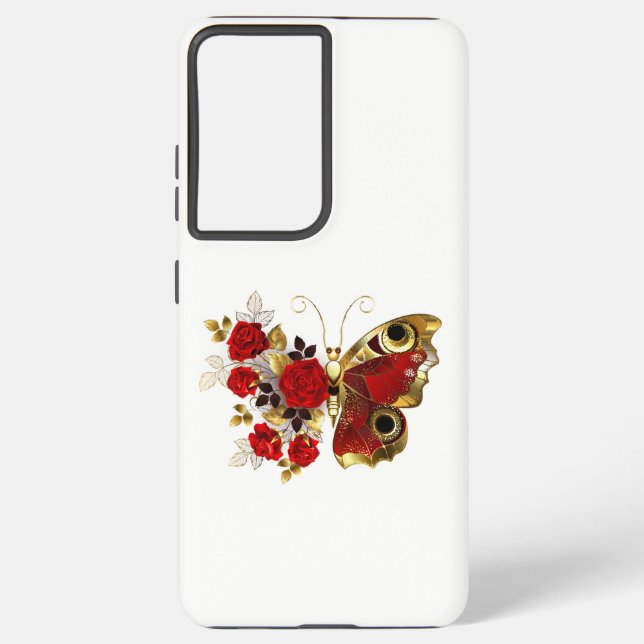 Red flower butterfly with red roses samsung galaxy case (Back)