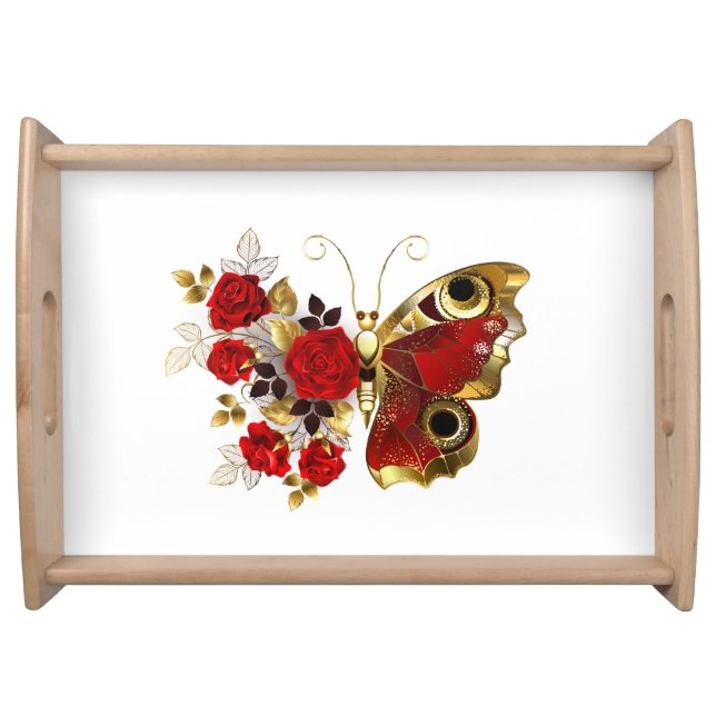 Red flower butterfly with red roses serving tray (Front)