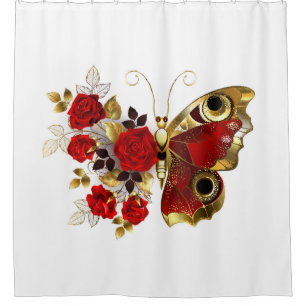 Red flower butterfly with red roses shower curtain