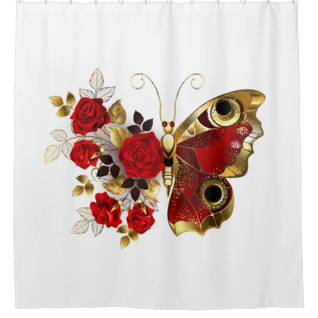 Red flower butterfly with red roses shower curtain (Front)