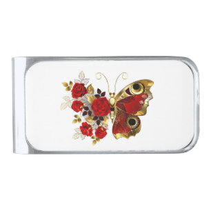Red flower butterfly with red roses silver finish money clip