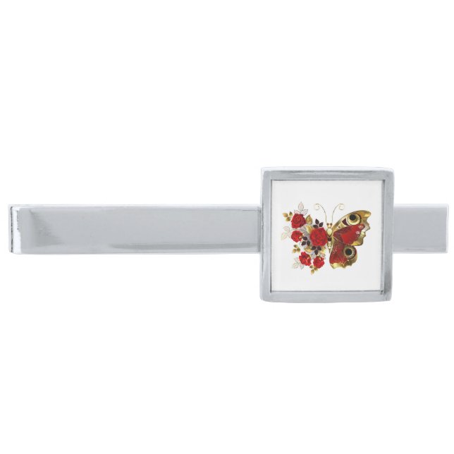 Red flower butterfly with red roses silver finish tie bar (Front)