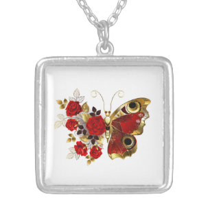 Red flower butterfly with red roses silver plated necklace