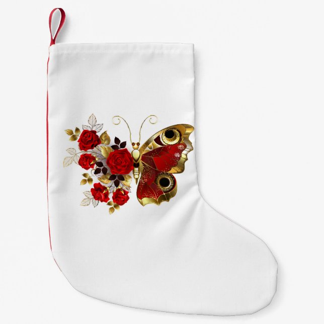 Red flower butterfly with red roses small christmas stocking (Front)