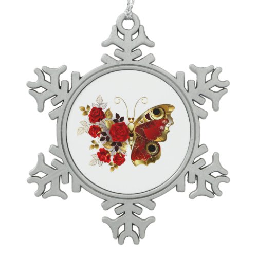 Red flower butterfly with red roses snowflake pewter christmas ornament