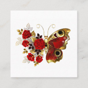 Red flower butterfly with red roses square business card