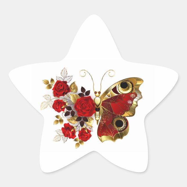 Red flower butterfly with red roses star sticker (Front)