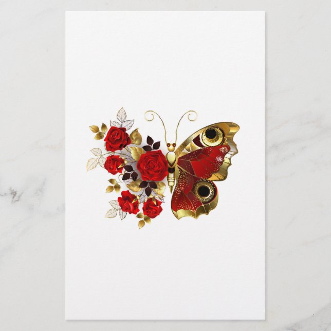 Red flower butterfly with red roses stationery (Front)