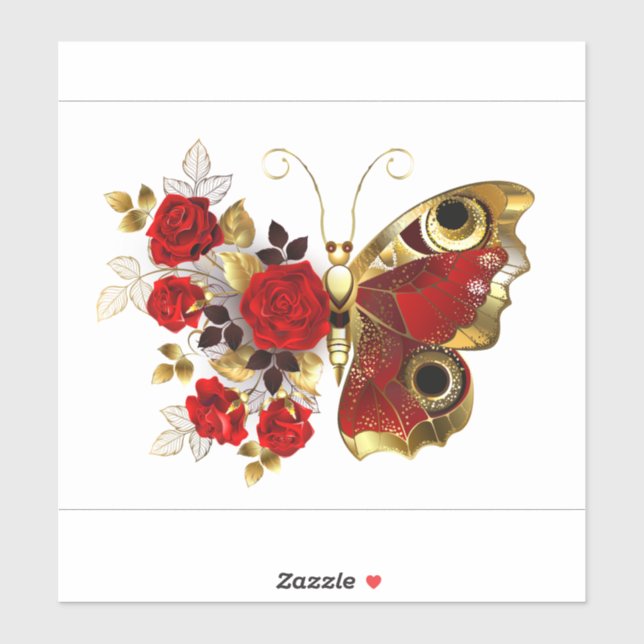 Red flower butterfly with red roses sticker (Sheet)