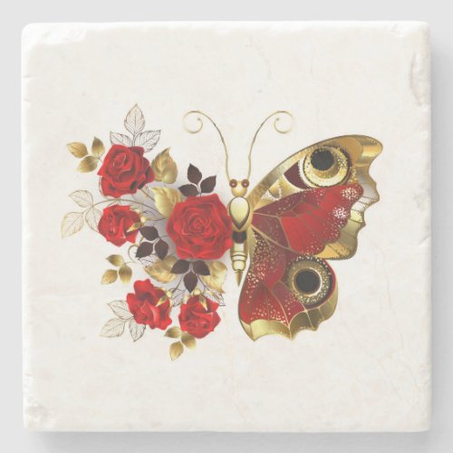 Red flower butterfly with red roses stone coaster