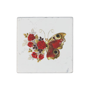 Red flower butterfly with red roses stone magnet