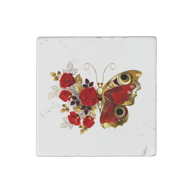 Red flower butterfly with red roses stone magnet (Front)