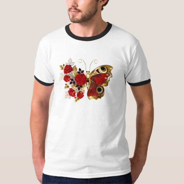 Red flower butterfly with red roses T-Shirt (Front)