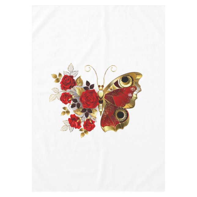 Red flower butterfly with red roses tablecloth (Front)