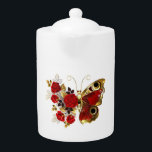 Red flower butterfly with red roses teapot<br><div class="desc">Red peacock eyed flower butterfly with red textured wing,  decorated with composition of red,  artistically painted roses with golden stems and leaves on white background.</div>