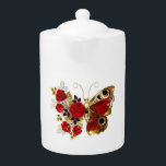 Red flower butterfly with red roses teapot<br><div class="desc">Red peacock eyed flower butterfly with red textured wing,  decorated with composition of red,  artistically painted roses with golden stems and leaves on white background.</div>