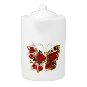 Red flower butterfly with red roses teapot