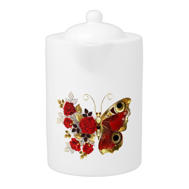 Red flower butterfly with red roses teapot (Front)