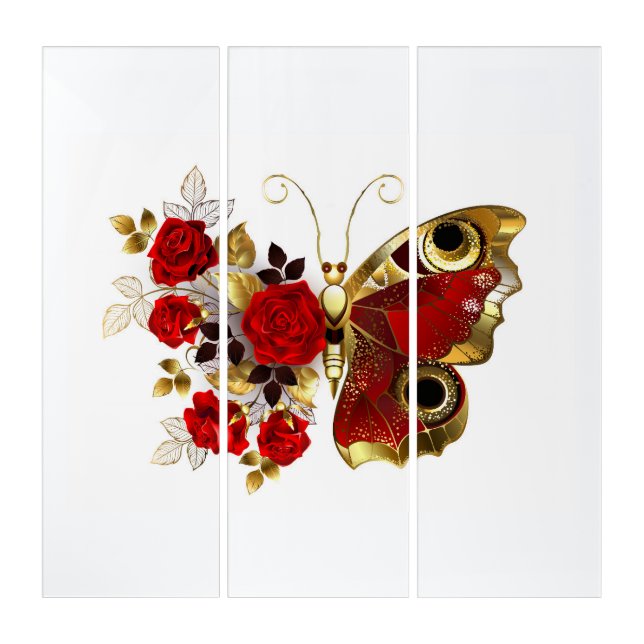 Red flower butterfly with red roses triptych (Front)