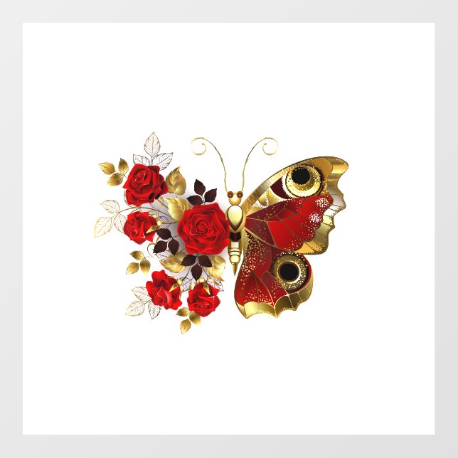 Red flower butterfly with red roses wall decal  (Front)