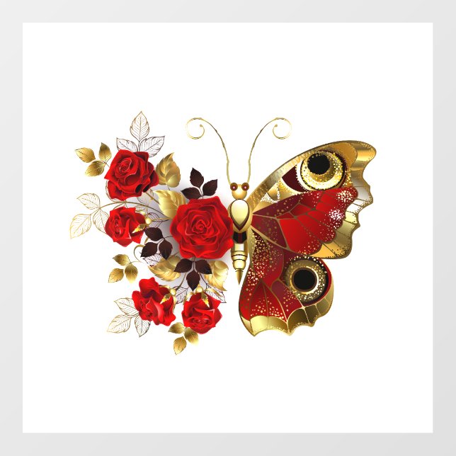 Red flower butterfly with red roses wall decal  (Front)