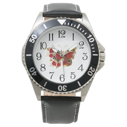 Red flower butterfly with red roses watch
