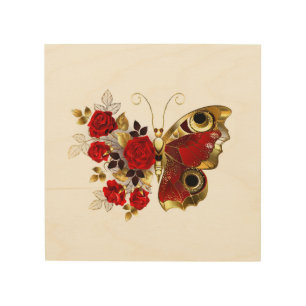 Red flower butterfly with red roses wood wall art