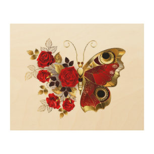 Red flower butterfly with red roses wood wall art
