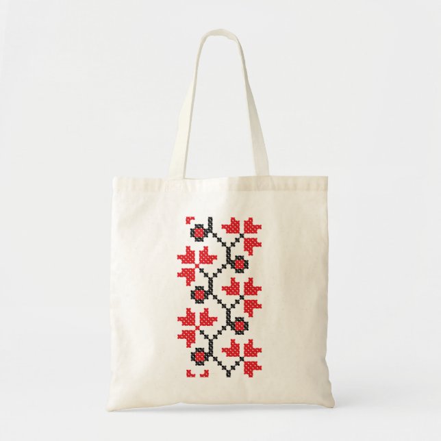 Red flower cross-stitch design tote bag (Front)