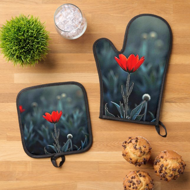 Red Flower Dark Night Solitude Art Oven Mitt & Pot Holder Set (Top Down)