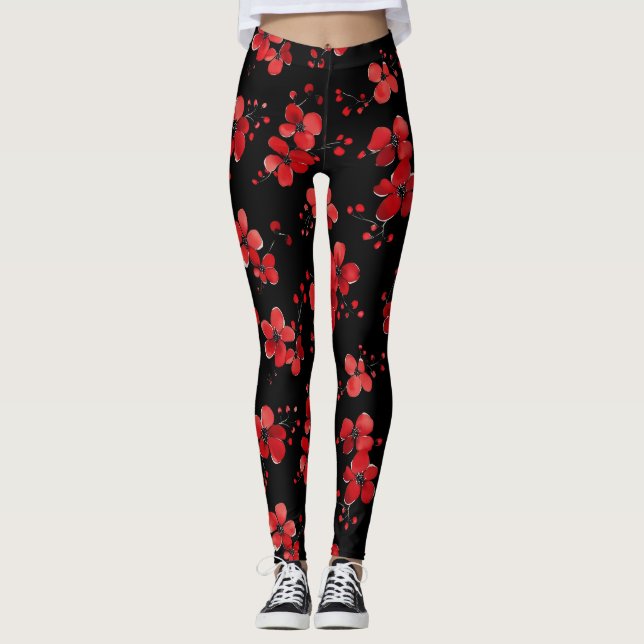 Red Flower Dark Pattern Leggings (Front)