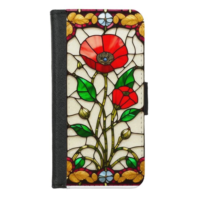 Red Flower Elegant Stained Glass Art iPhone Wallet Case (Front)
