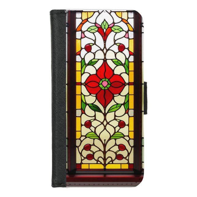 Red Flower Elegant Stained Glass Art iPhone Wallet Case (Front)