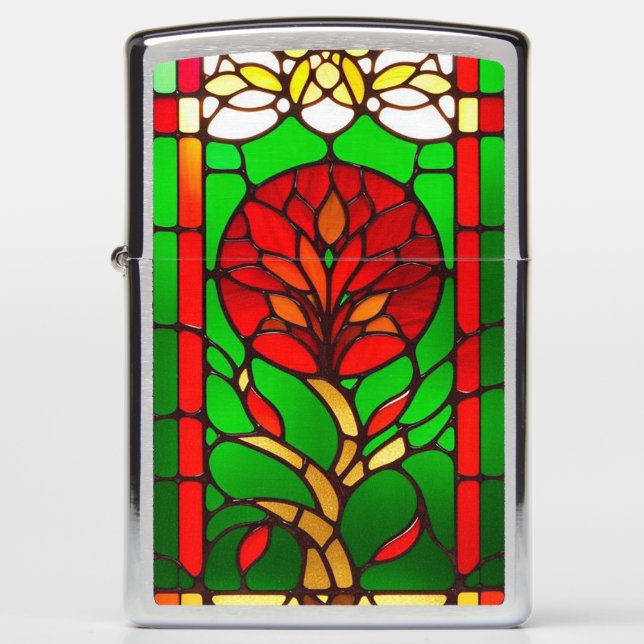 Red Flower Elegant Stained Glass Art Zippo Lighter (Front)