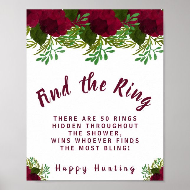 Red Flower Find the Ring Bridal Shower Game Sign (Front)