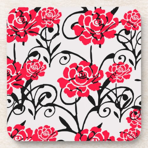Red Flower Floral Illustration Pattern Design Beverage Coaster