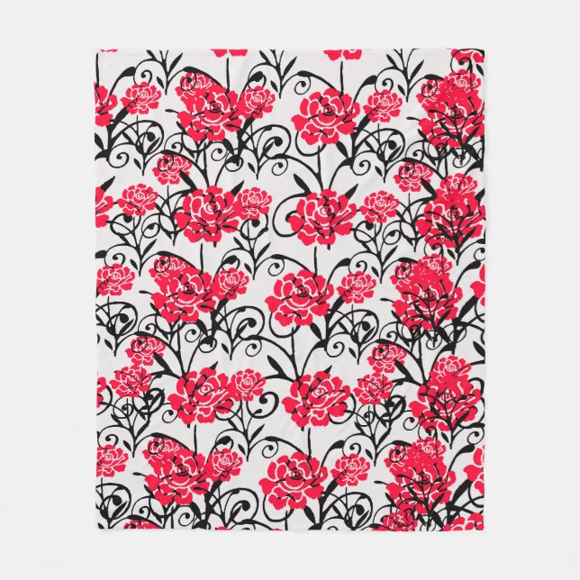 Red Flower Floral Illustration Pattern Design Fleece Blanket (Front)
