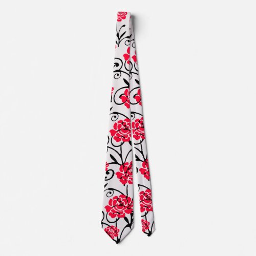 Red Flower Floral Illustration Pattern Design Neck Tie
