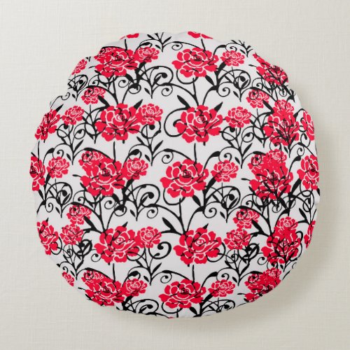 Red Flower Floral Illustration Pattern Design Round Pillow