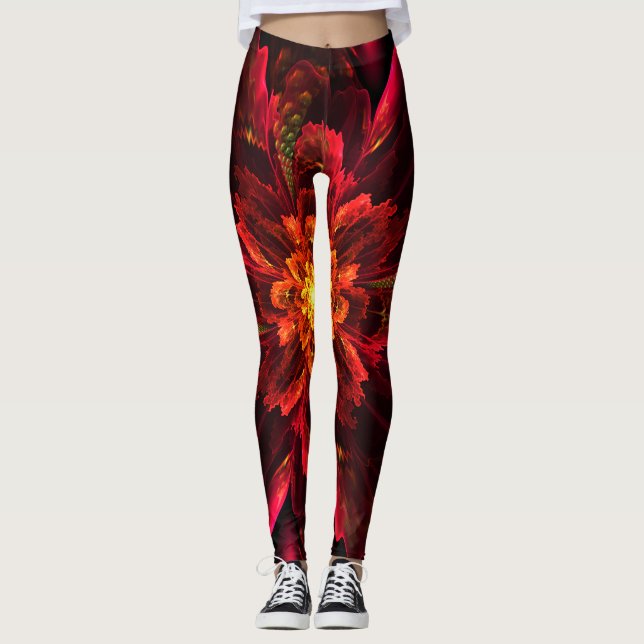 Red Flower Fractal Art Leggings (Front)