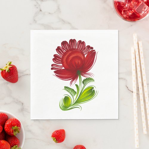 Red Flower Green Leaves Plant Napkins