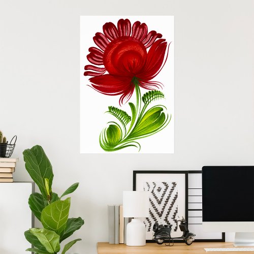 Red Flower Green Leaves Plant Poster