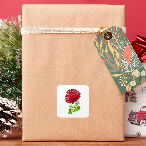 Red Flower Green Leaves Plant Square Sticker