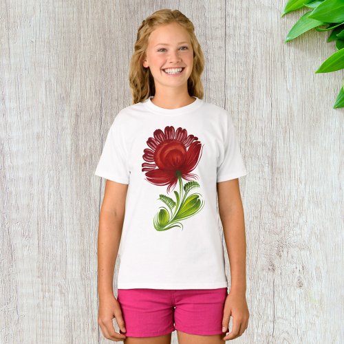 Red Flower Green Leaves Plant T_Shirt