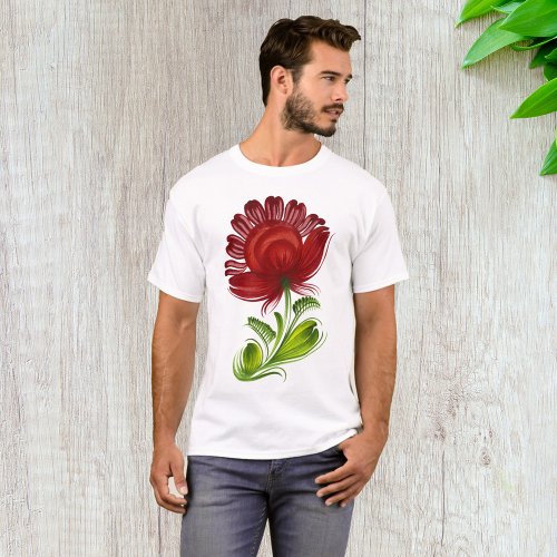 Red Flower Green Leaves Plant T_Shirt