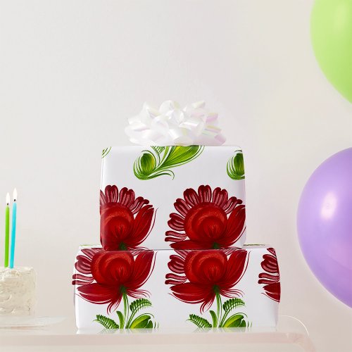 Red Flower Green Leaves Plant Wrapping Paper