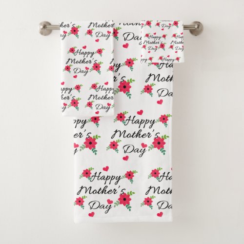 Red Flower Heart Happy Mothers Day Bath Towel Set